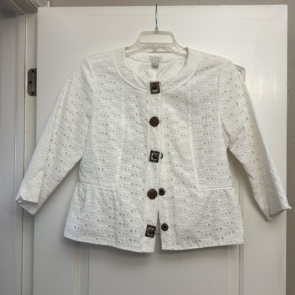 Lightweight Spring Jacket White Eyelet Chico’s size 1 with Peplum hem